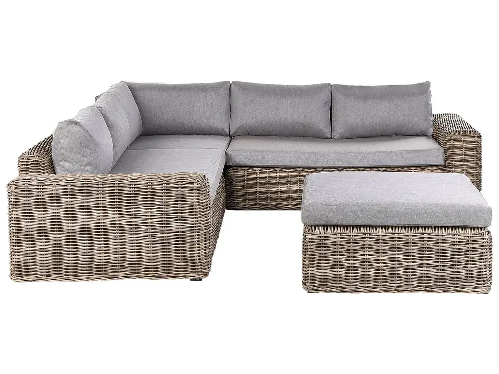 Garden Corner Sofa Ottoman 6 Seater PALERMO Systemhaft PE Rattan Light Brown