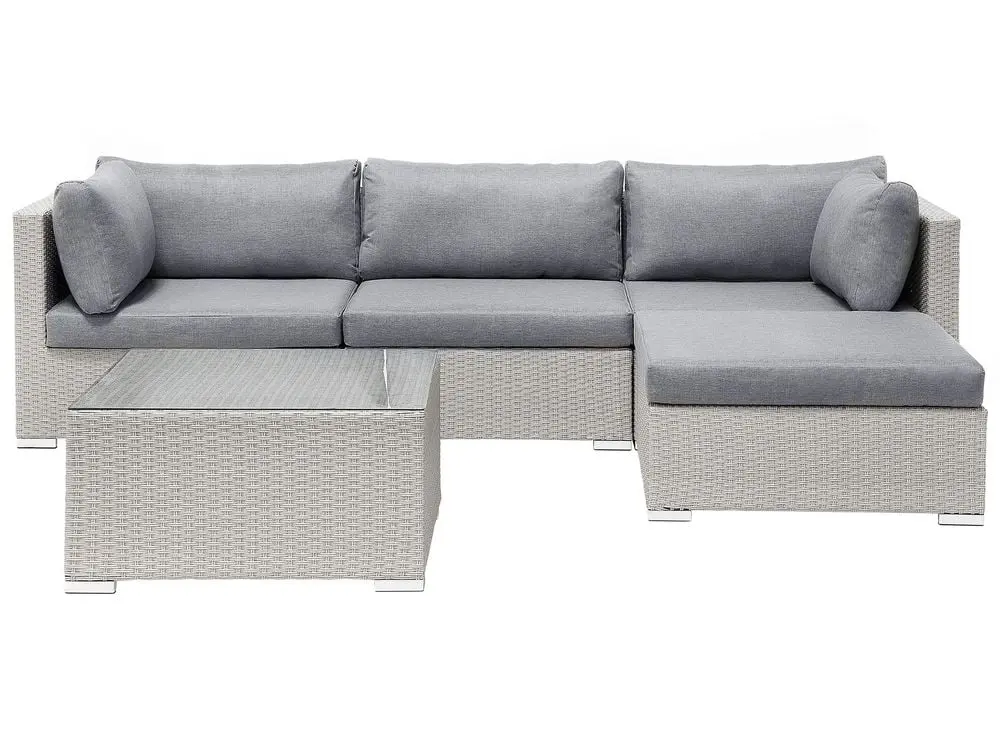 Garten Ecksofa mit Tisch 4-Sitzer SANO II linksseitig systemhaft Polyrattan Hellgrau aus pulverbeschichtetem Metall