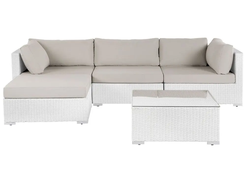 Garten Ecksofa mit Tisch 4-Sitzer SANO II rechtsseitig erweiterbar Polyrattan Weiß