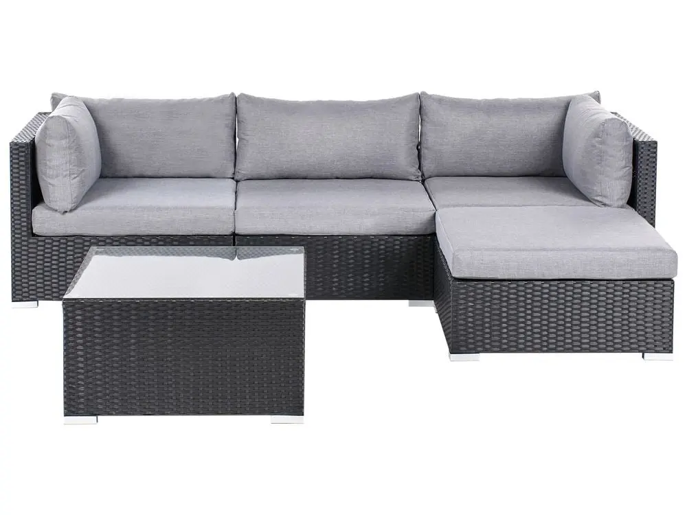 Garten Ecksofa mit Tisch 4-Sitzer SANO linksseitig Polyrattan Schwarz aus strapazierfähigem Kunststoff