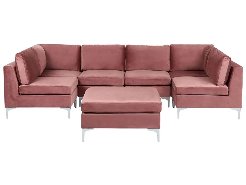 6 Seater U-Shaped Modular Velours Sofa Ottoman Pink EVJA