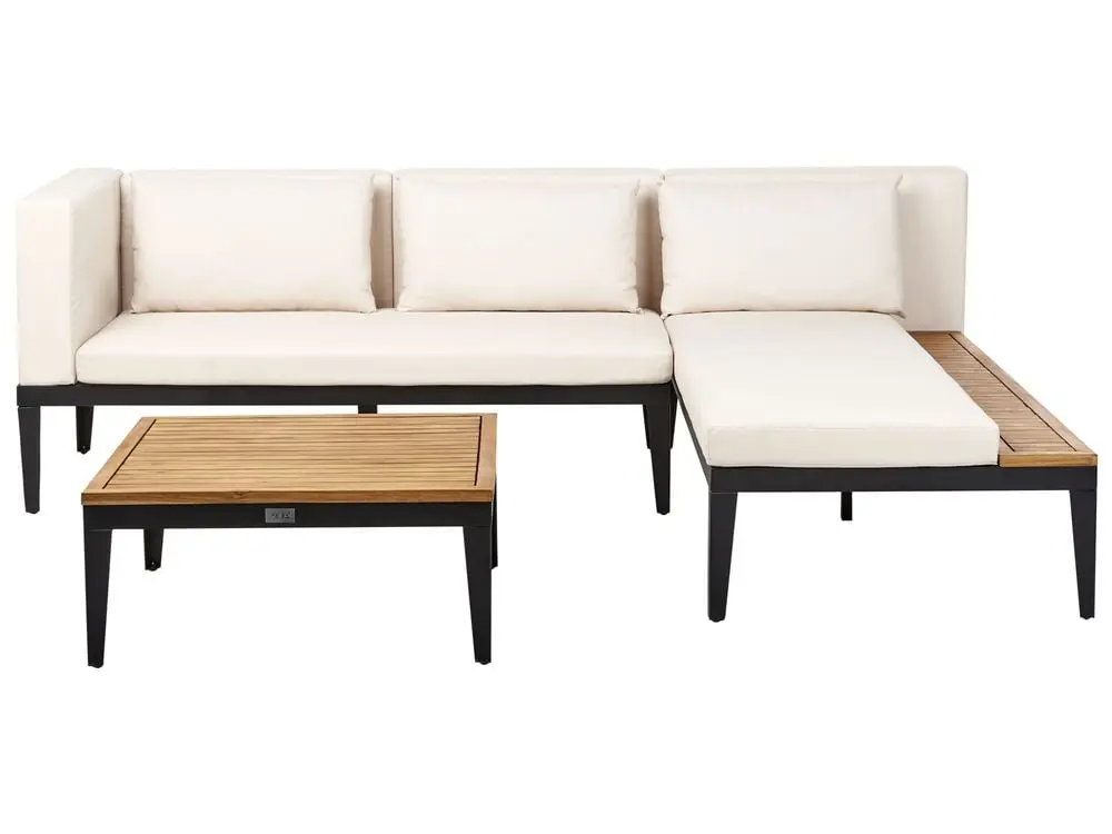 Stapelbare Garten Ecksofa mit Tisch 3-Sitzer BRACCIANO linksseitig zertifiziertes Akazienholz Hellbeige