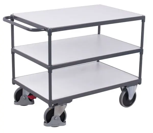 VARIOfit Schwerer ESD Tischwagen mit 3 Ladeflächen Ladefläche: 1.200 x 800 mm RAL 7024 graphitgrau sw-800.662