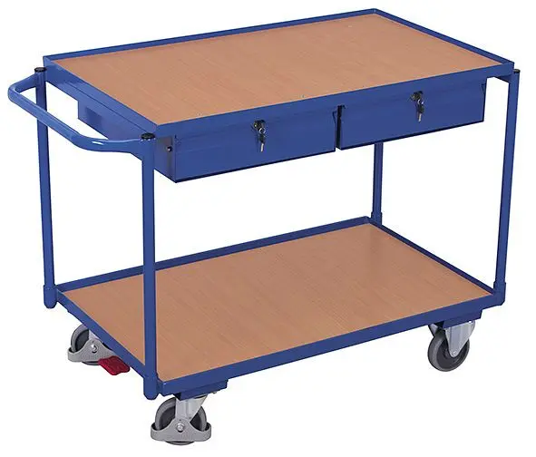 VARIOfit Tischwagen mit 2 Ladeflächen und 2 Schubladen Außenmaße: 1.175 x 625 x 850 mm RAL 5010 enzianblau sw-600.504