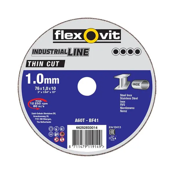 Flexovit THIN CUT Trennscheibe Inox 60 T-BF41 THIN CUT Holmbohrung: 6 mm Stärke: 1 mm VE: 100 Stück 66252919378