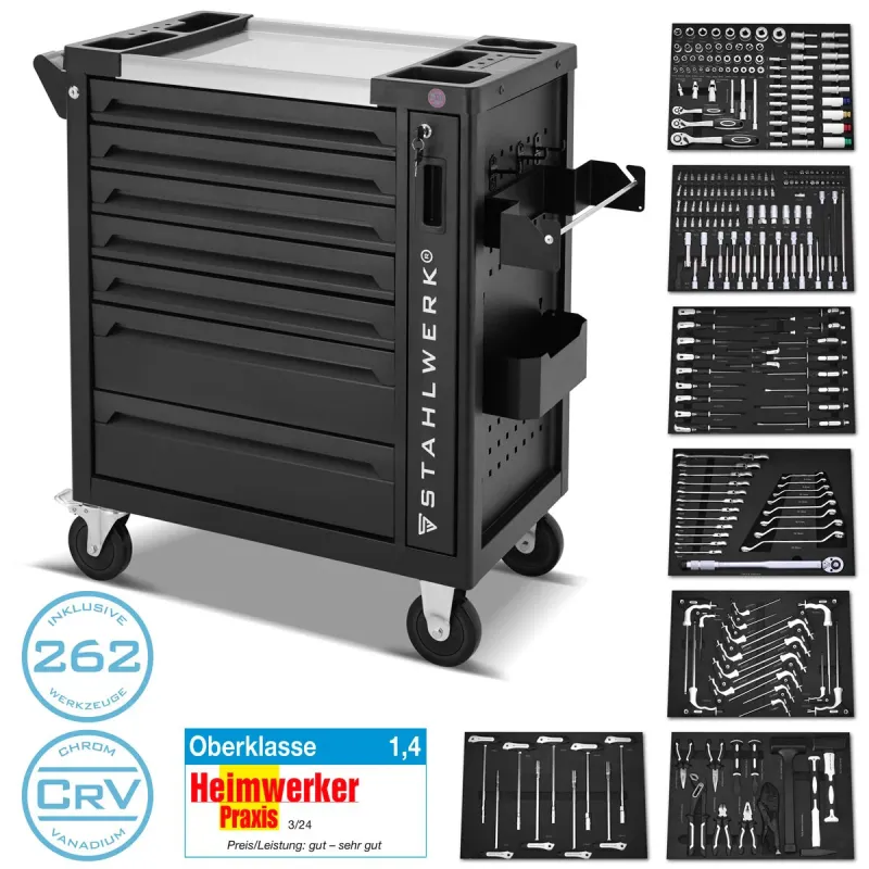 Steelworks workshop car Phoenix equipped 262 premium tools made chrome vanadium lockable tool car | Fachgerecht assembly d...