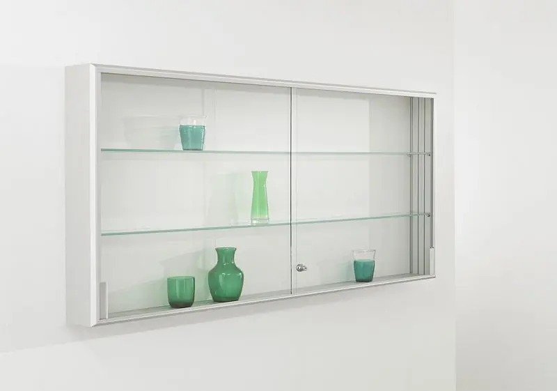 BST Flache Wandvitrine Schiebetüren 2 Böden ESG 800x140x600mm (B/T/H) INTRO-W60