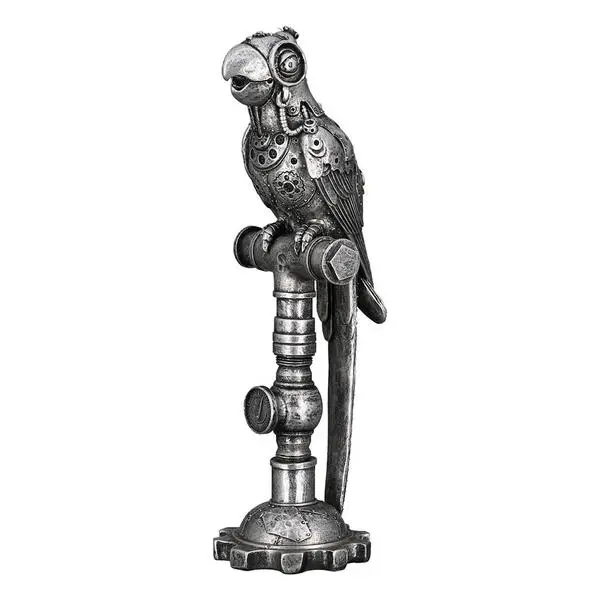 Figur, Vogel, "Steampunk Parrot", Kunstharz, silberfarben, L. 10 cm, B. 13 cm, H. 31 cm