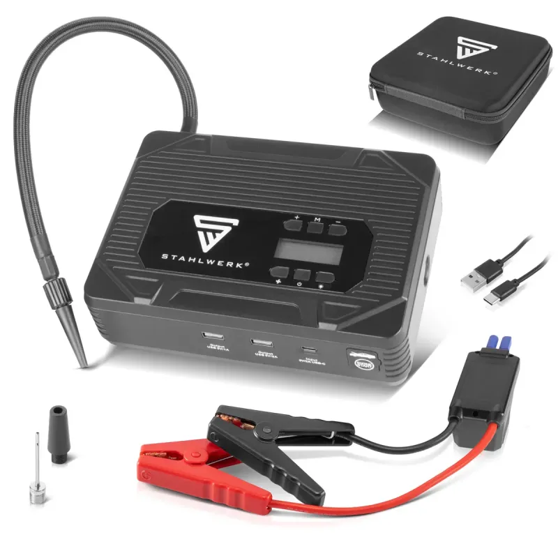 Schnelllade- STAHLWERK PB-1400 ST | Powerbank Starthilfe 400 , 14.000 mAh | Für Benzin- und Dieselmotoren | Mobiler Kompr...