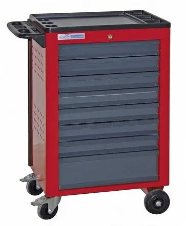 ADB Werkstattwagen Basic mit 8 Schubladen Abmessungen: 960 x 610 x 450mm (HxBxT) Farbe Korpus: rot RAL 3020 Farbe Front: g...