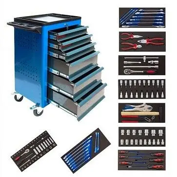 ADB Werkstattwagen BASIC mit Werkzeug 115-teilig Abmessungen: HxBxT: 960mm x 610mm x 450mm Farbe Korpus: blau RAL 5010 Far...