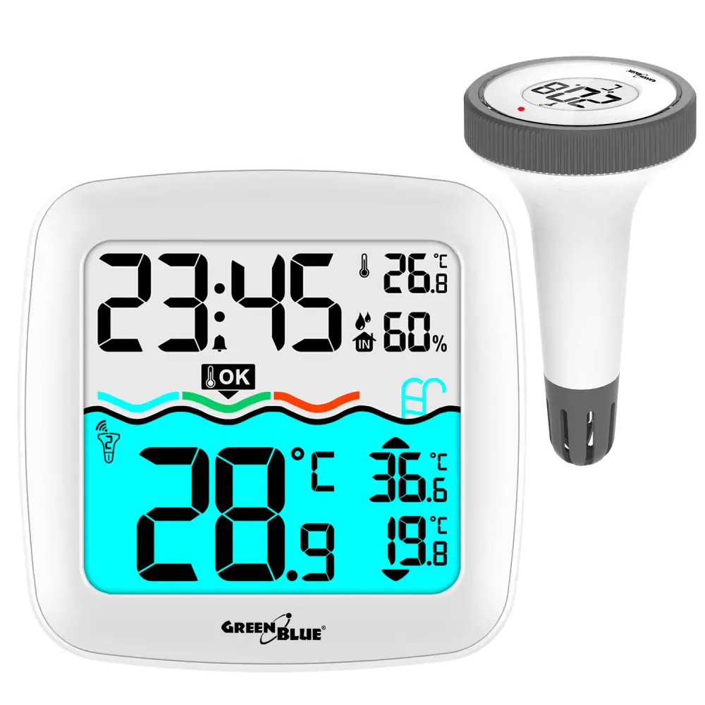 Temperaturstation mit Poolthermometer Digitales Funk-Poolthermometer Schwimmendes Thermometer Pool SPA DCF-Funkuhrfunktion...