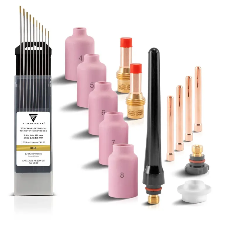 Steelworks WIG Gas lenses welding accessories set 24-part clamping sleeves + Fayence nozzles + tungsten electrodes, wear p...