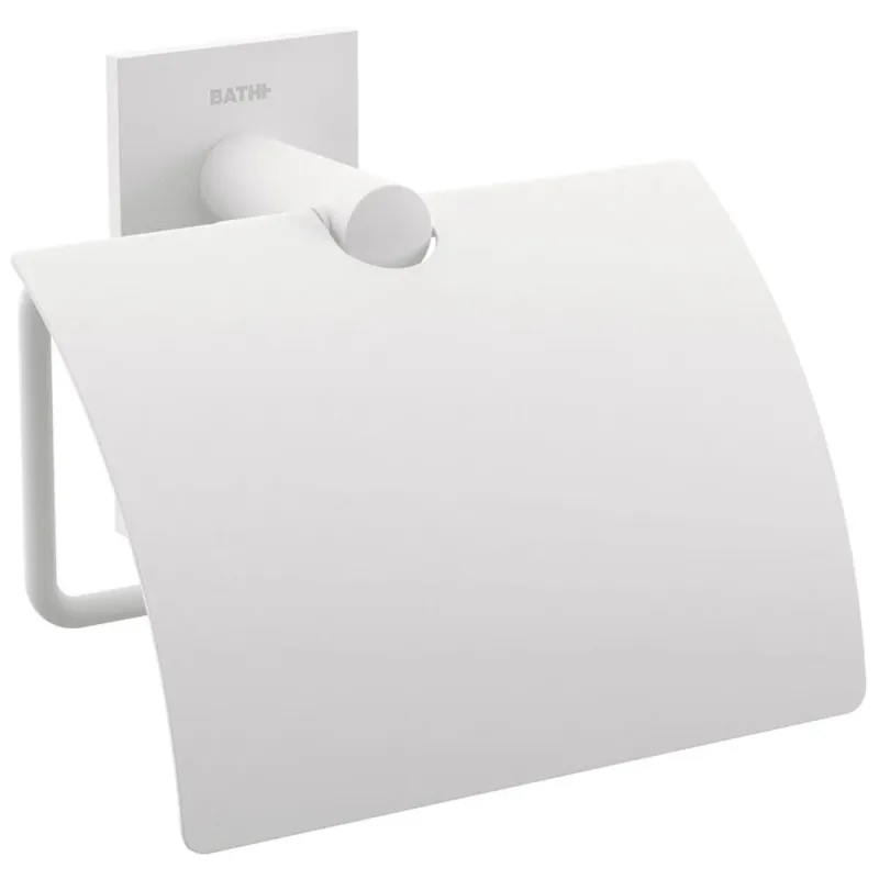 Rollenhalter zum Aufkleben aus der Kollektion 'Stick' von Cosmic aus weiß lackiertem Messing - Mit Deckel