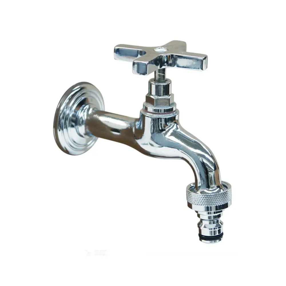 Wasserhahn für Gartenbrunnen aus verchromtem Messing mit Kreuzgriff Anschluss 1/2" | Frostsicher | Leise