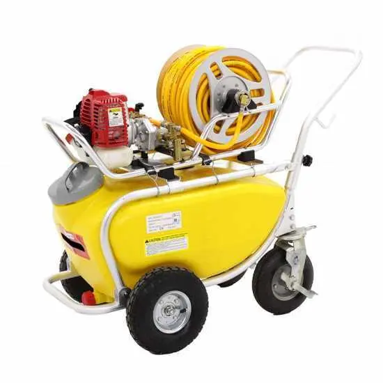 Sicherheits- Membranpumpe GeoTech SP 1050 2S aus Aluminium auf Wagen mit 2-Takt Motor - Öl-Benzin-Gemisch